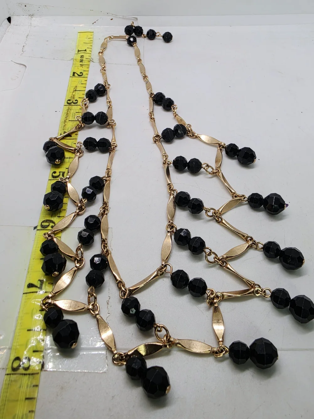 Vintage Art Deco Revival Black Glass Bead Festoon Collar Gold Tone Lattice Fring